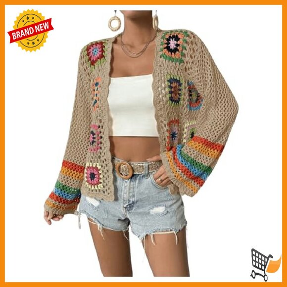 Floral Crochet Cardigan Open Front Long Sleeve Lightweight Sweater - Picture 5 of 7